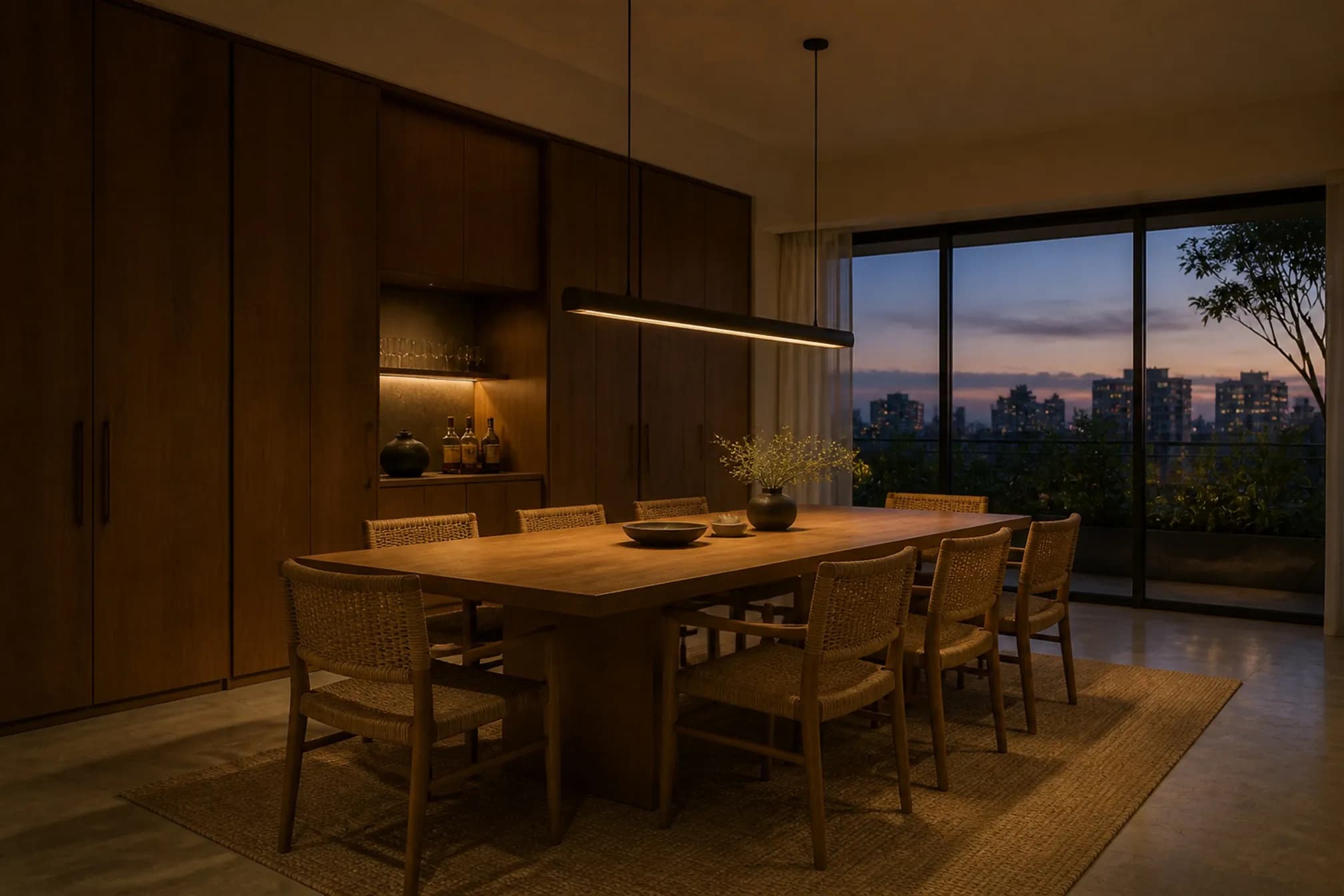 Dining area at dusk beneath a long linear bronze pendant with a concealed bar in the joinery wall behind