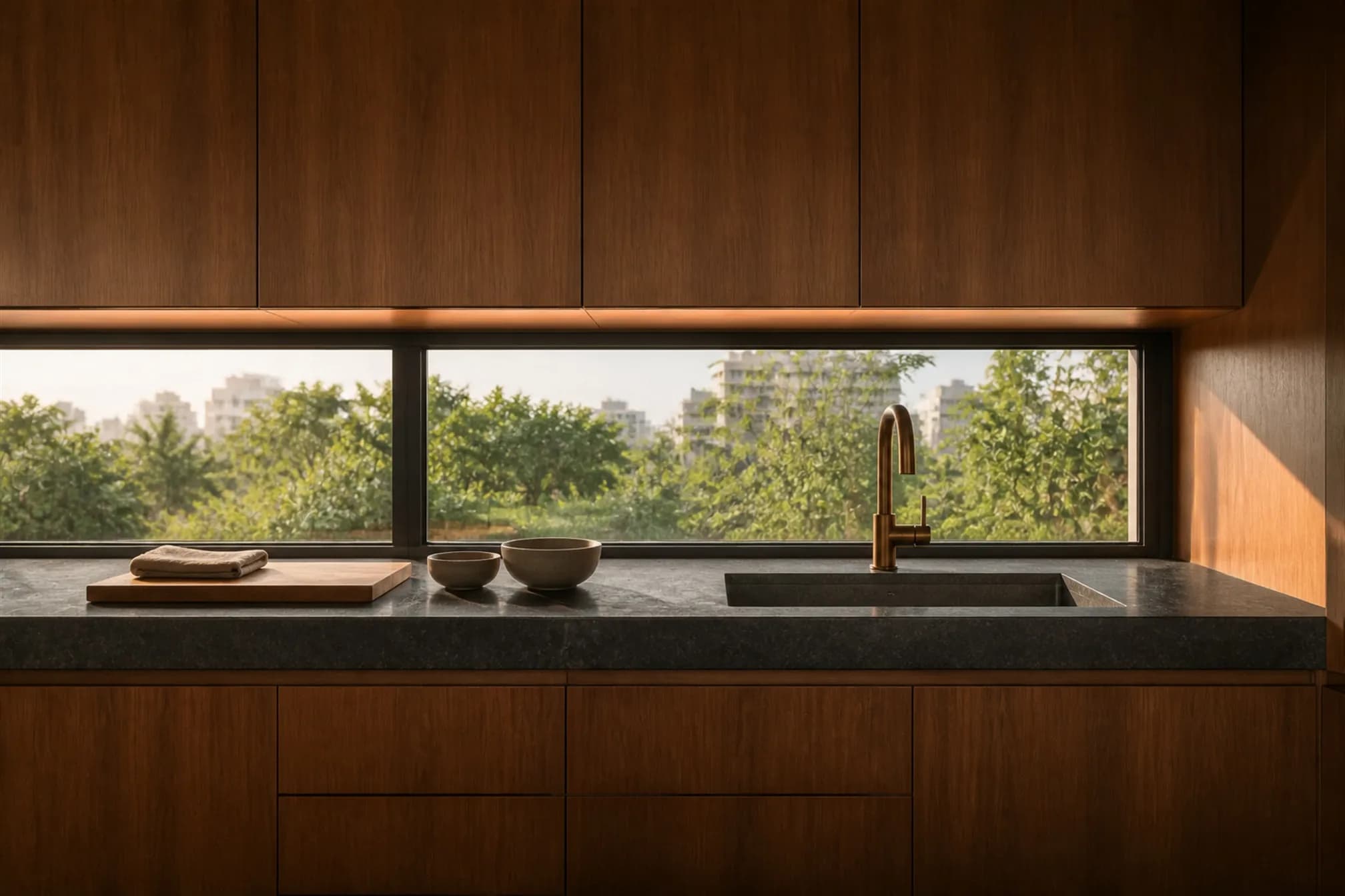 Kitchen with honed dark granite worktops, an integrated stone sink and nothing on the counters