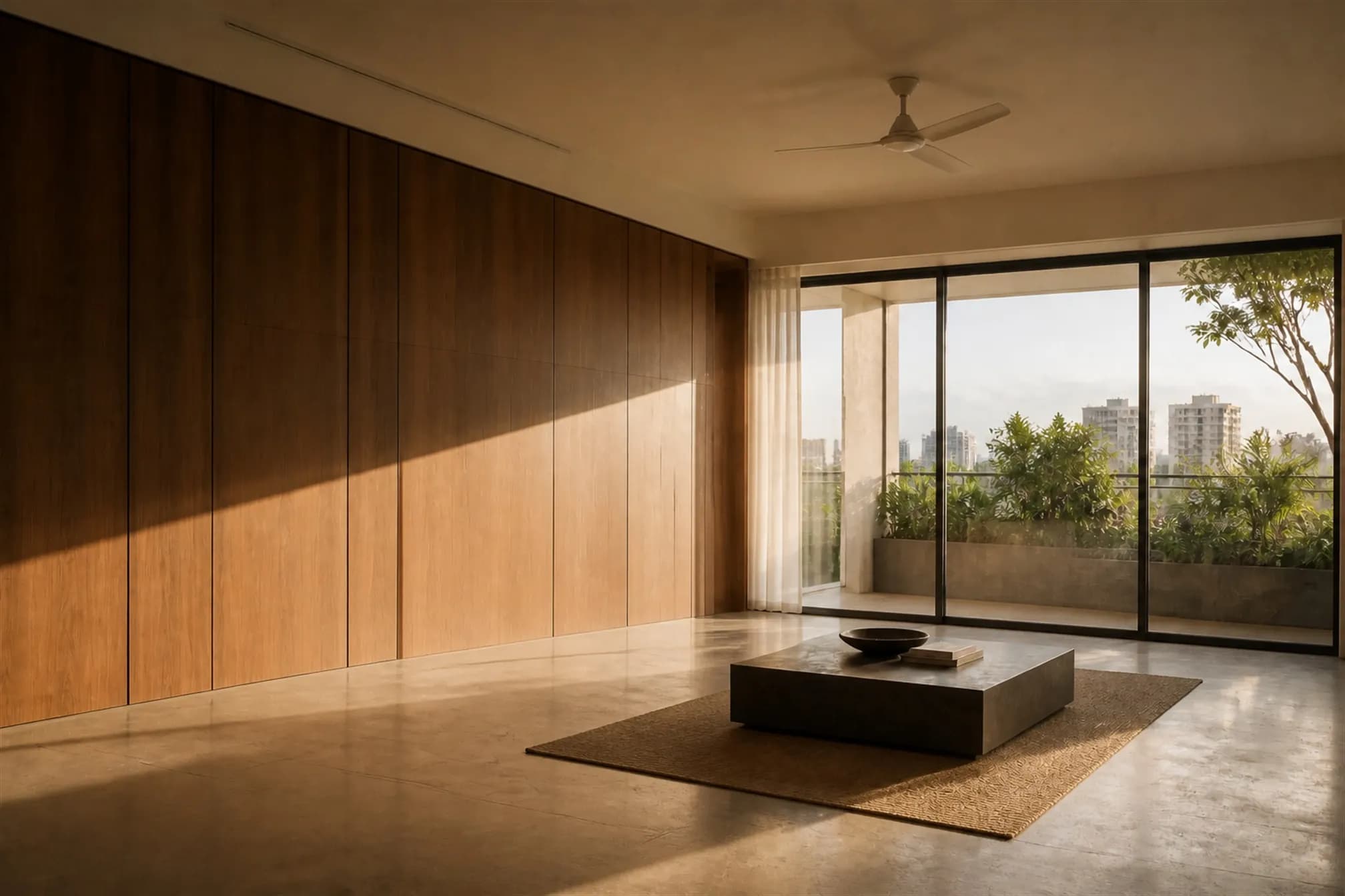 A hard blade of afternoon sun falling across the stone floor and up a lime-plaster wall