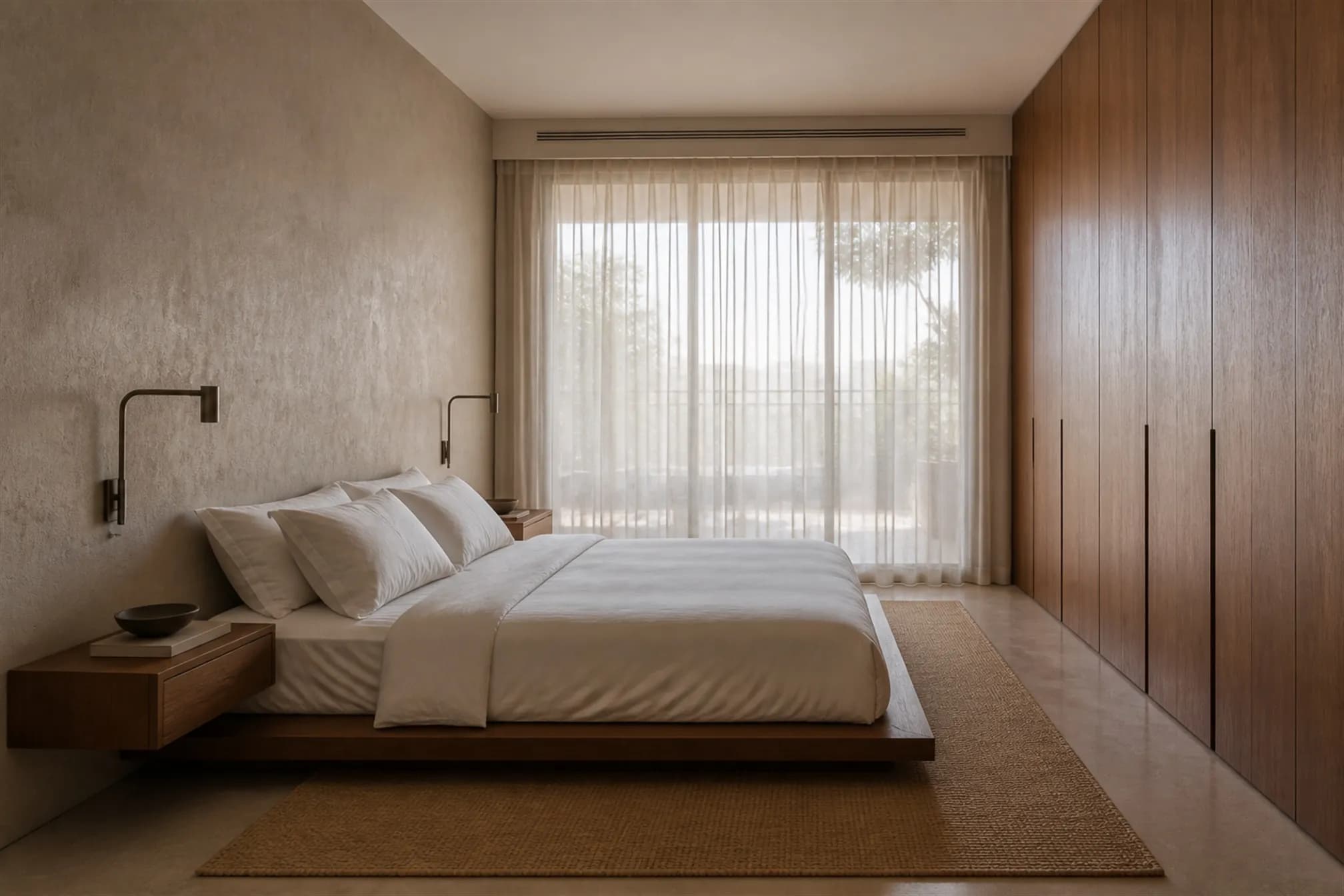 Primary bedroom at early morning with a lime-plaster headboard wall and soft light through sheer linen