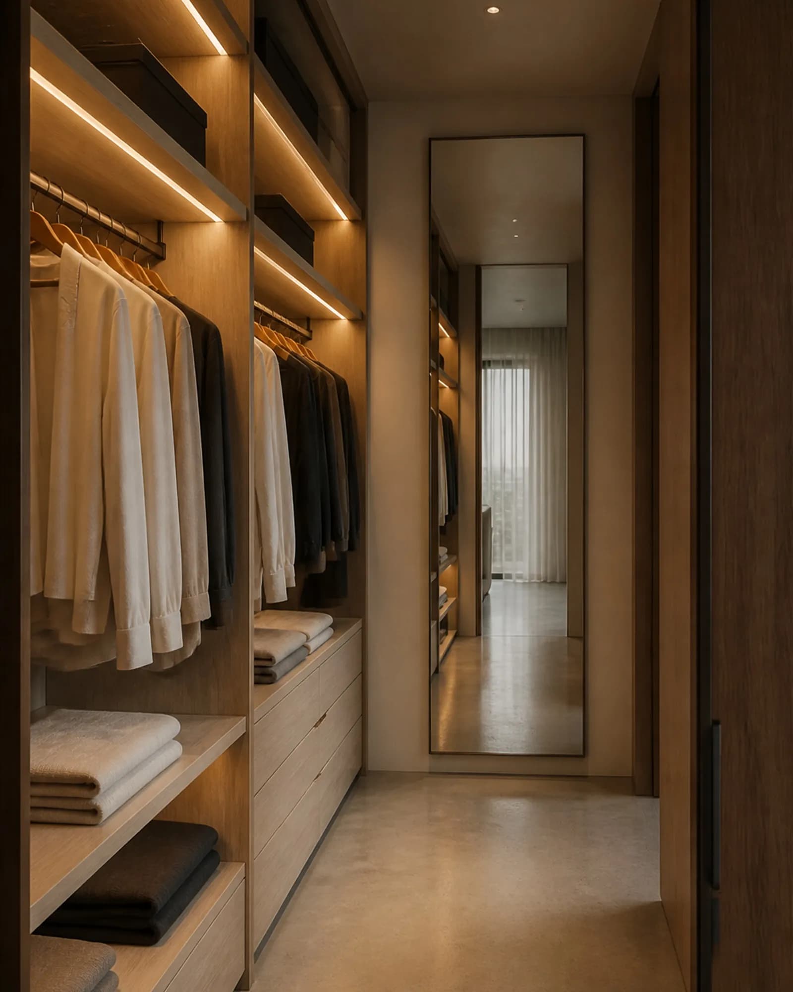 Open walk-in wardrobe with pale birch interiors in teak frames and integrated shelf lighting