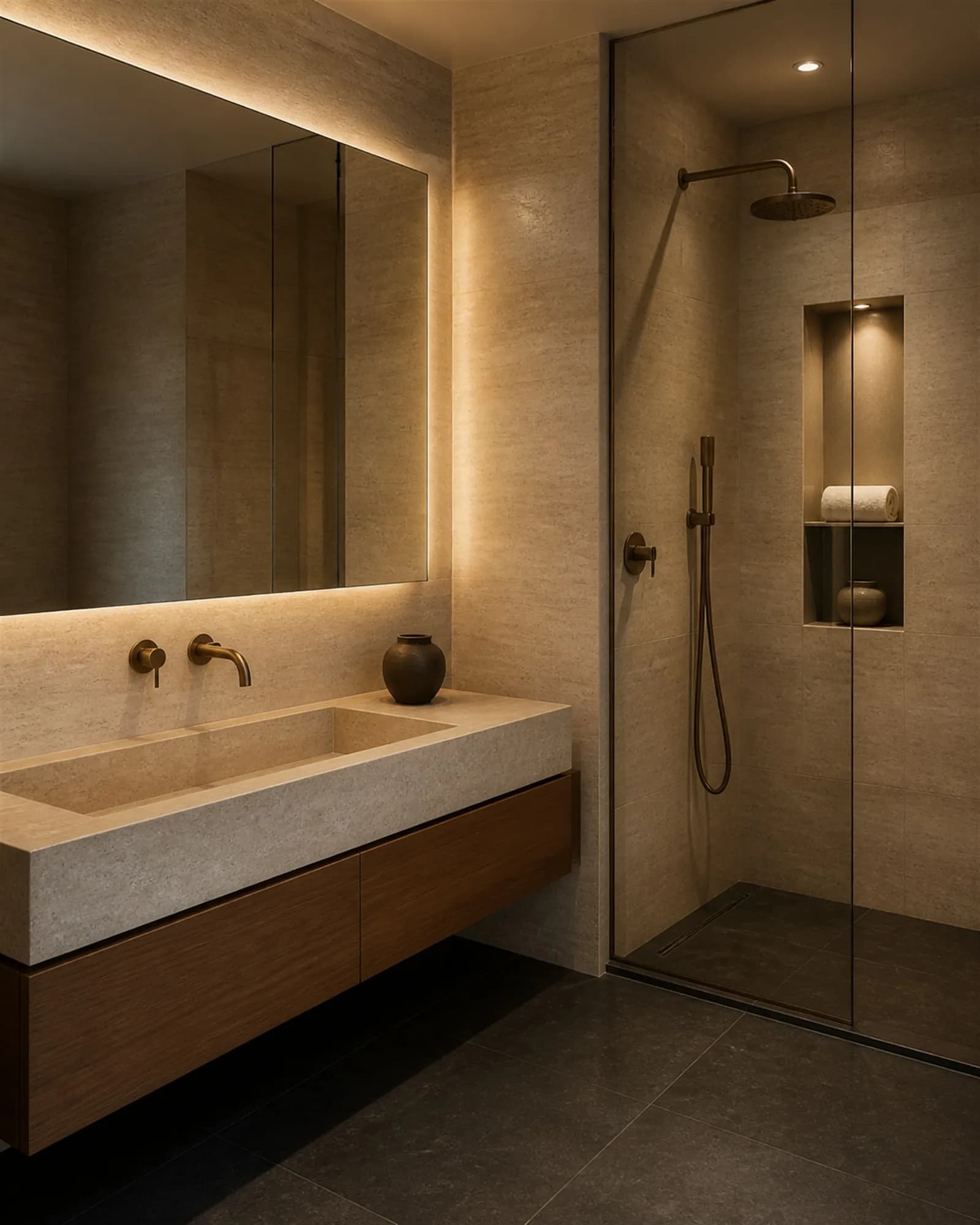 Primary bathroom in travertine and dark slate with a stone trough basin and backlit mirror