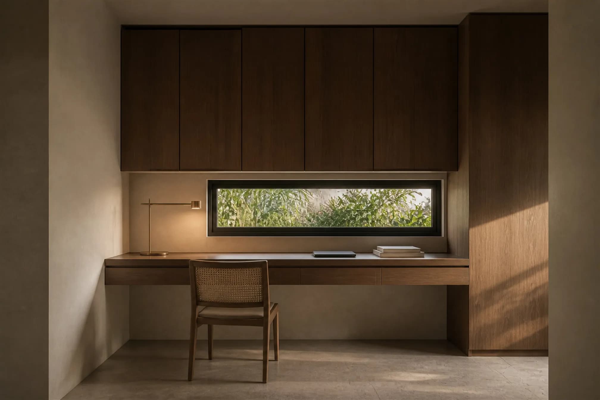 Compact study built into leftover space, a floating teak desk beneath a horizontal window