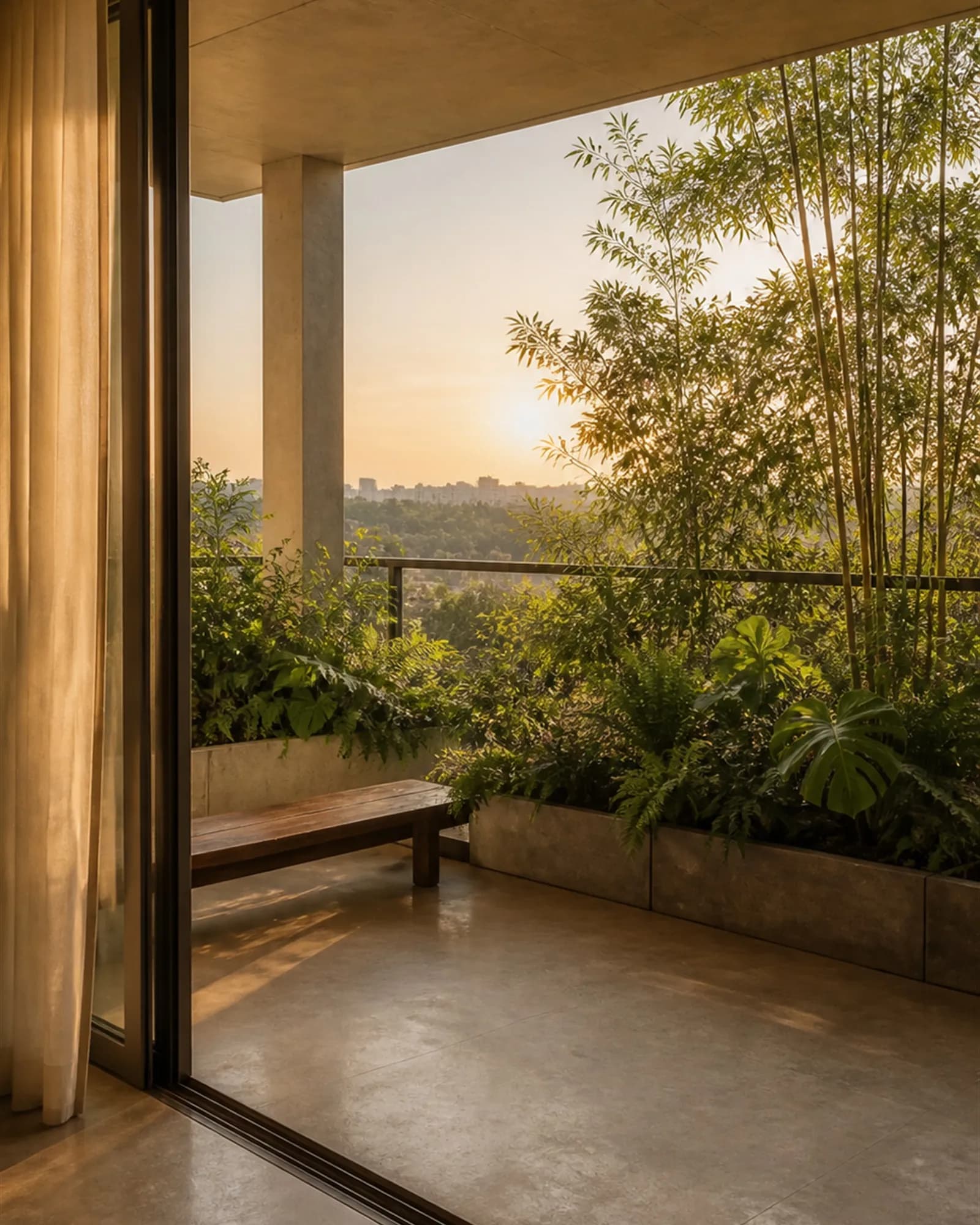 Planted balcony seen from inside through fully open sliding glass, stone floor continuing seamlessly outside
