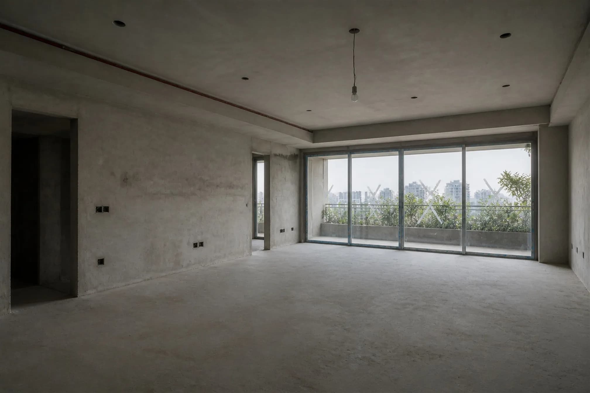 The apartment at handover stage — bare cement plaster, raw screed, exposed conduit and a grid of unfinished downlight cutouts
