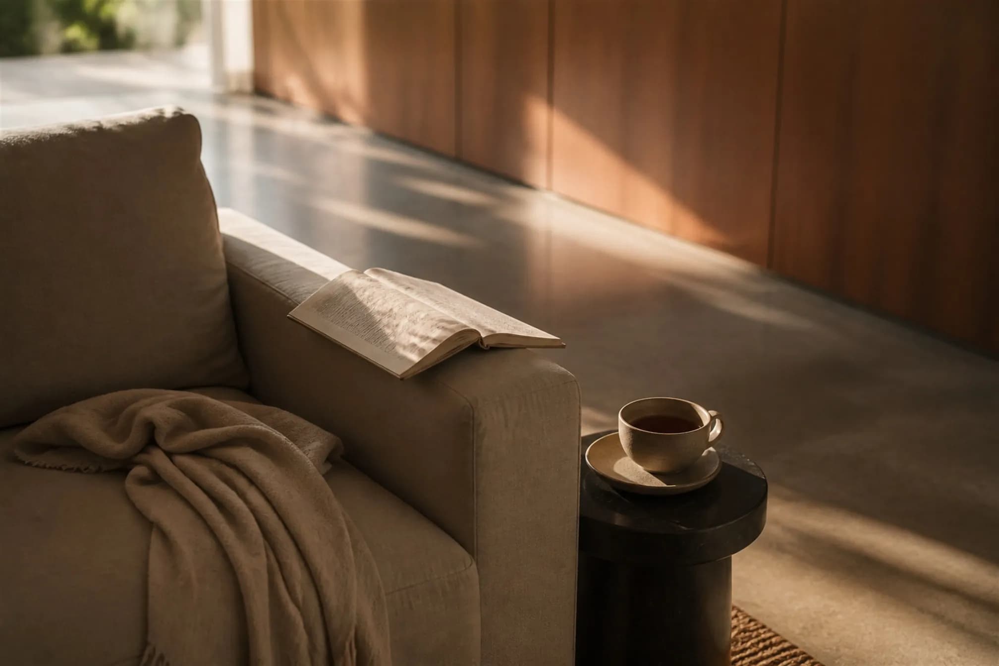 An open book on a linen sofa arm and a half-full cup on a dark stone side table in late afternoon light
