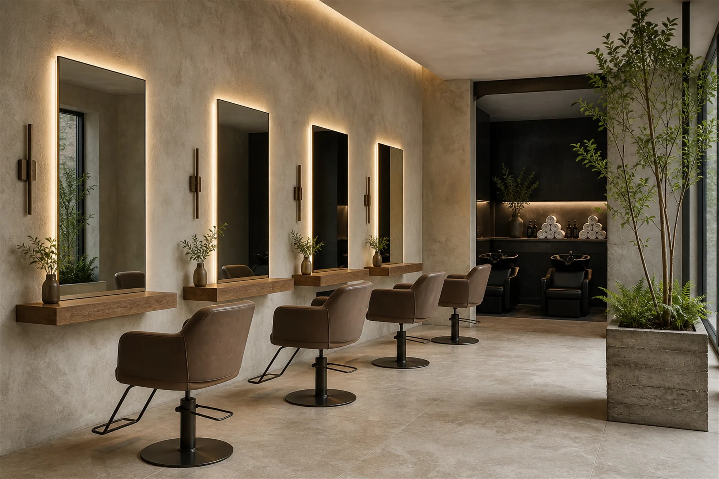 A high-end salon with four styling stations, backlit mirrors, bronze sconces and rolled towels