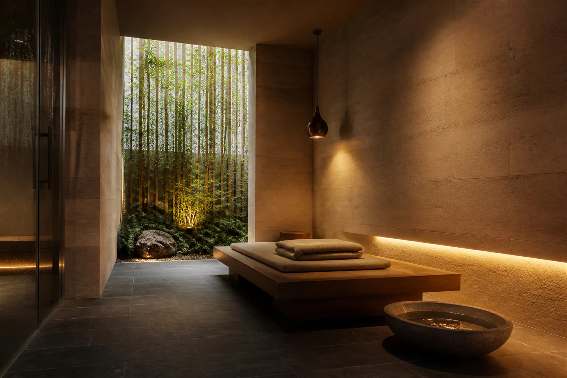 A wellness and spa interior in travertine and dark slate with a teak daybed and a planted light court