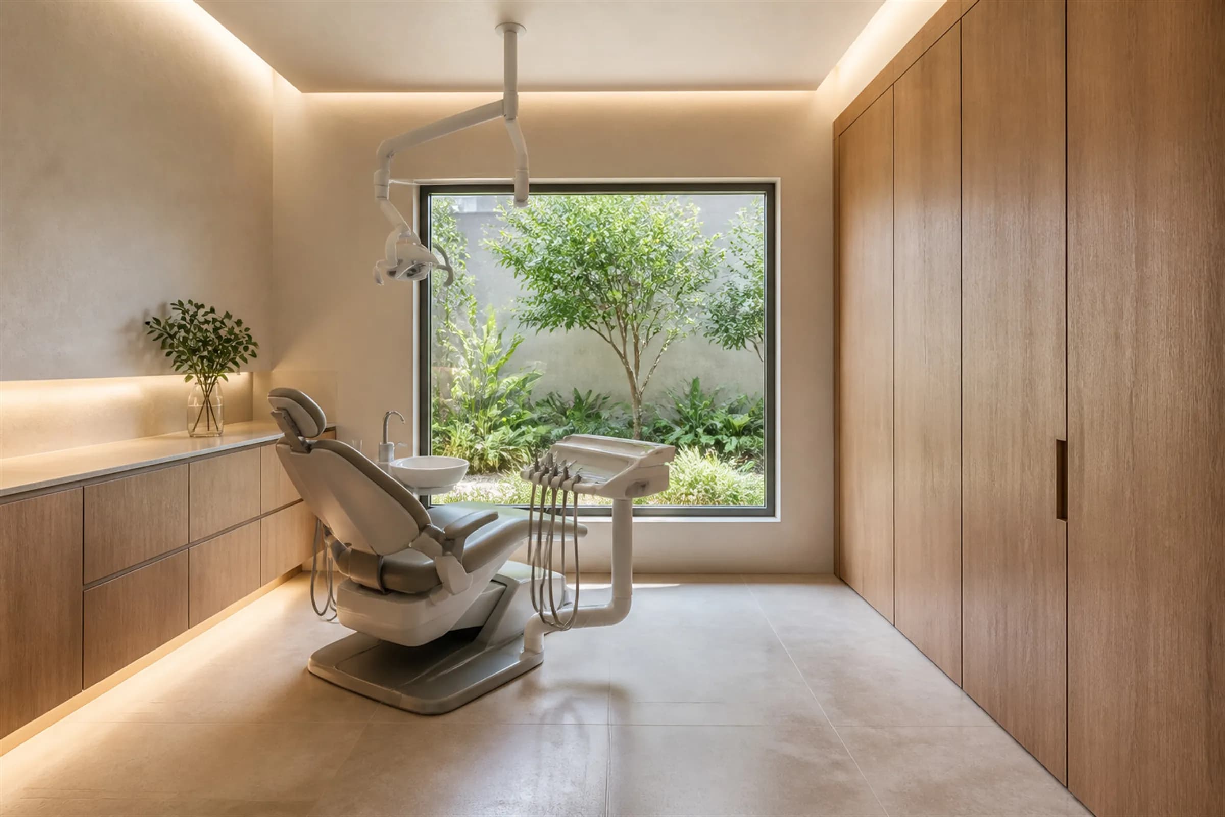 A contemporary dental treatment room, warm rather than sterile, with all services concealed in flush teak joinery