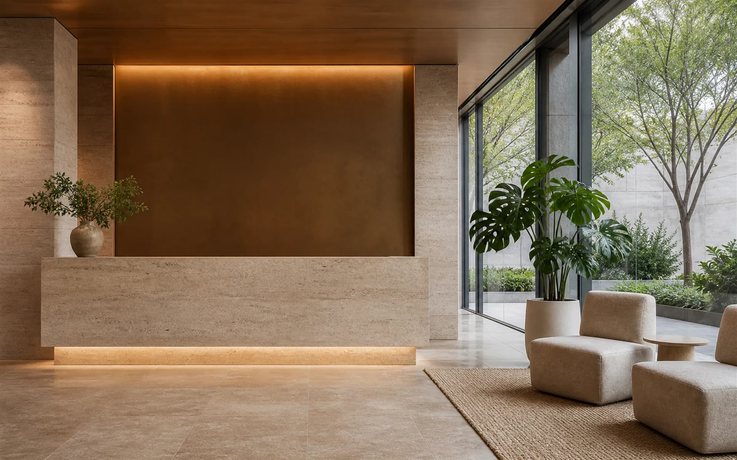 A clinic reception with a travertine counter, blank bronze signage panel and low linen seating