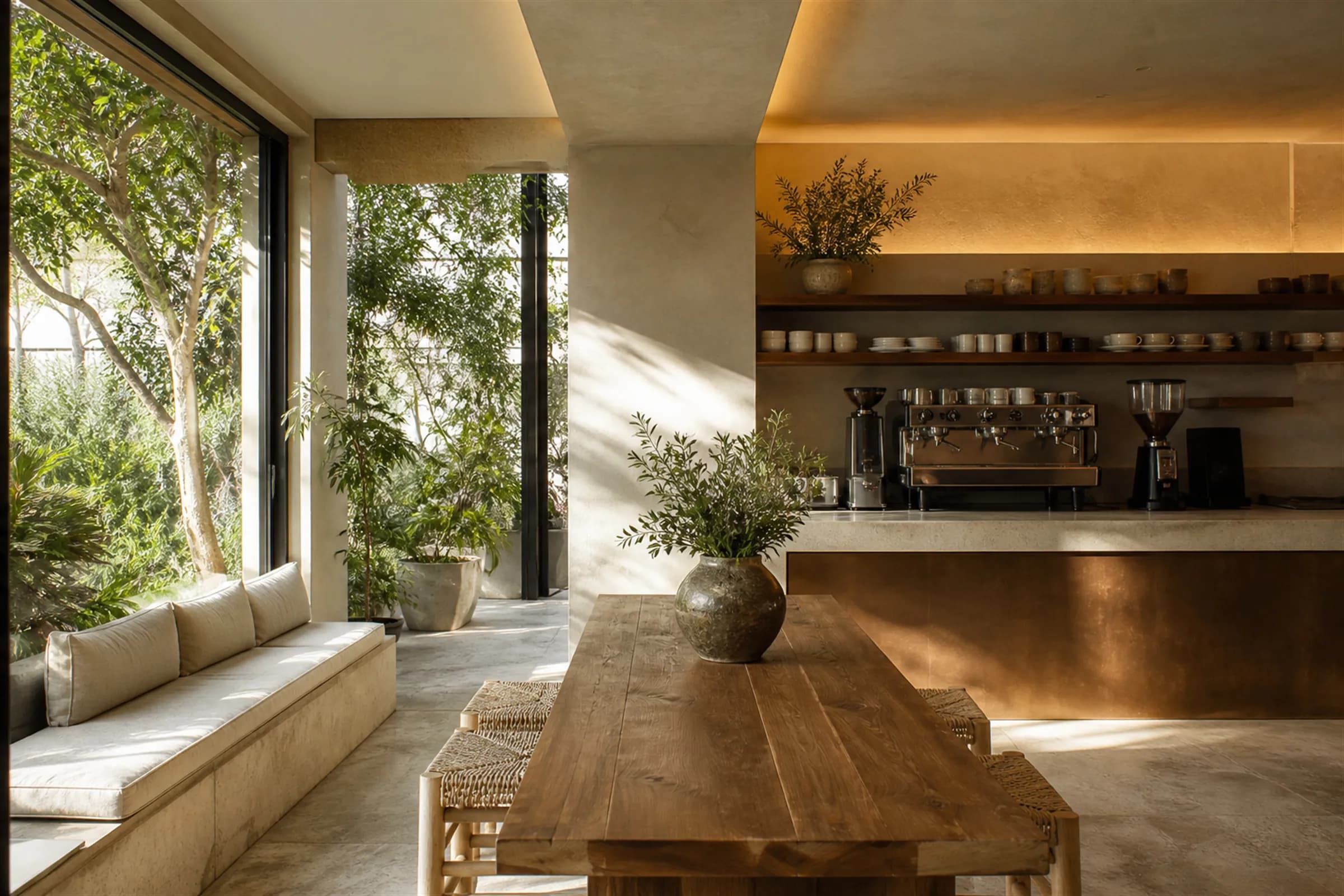 A small contemporary café in warm morning light with a stone counter, bronze fascia and open teak shelving