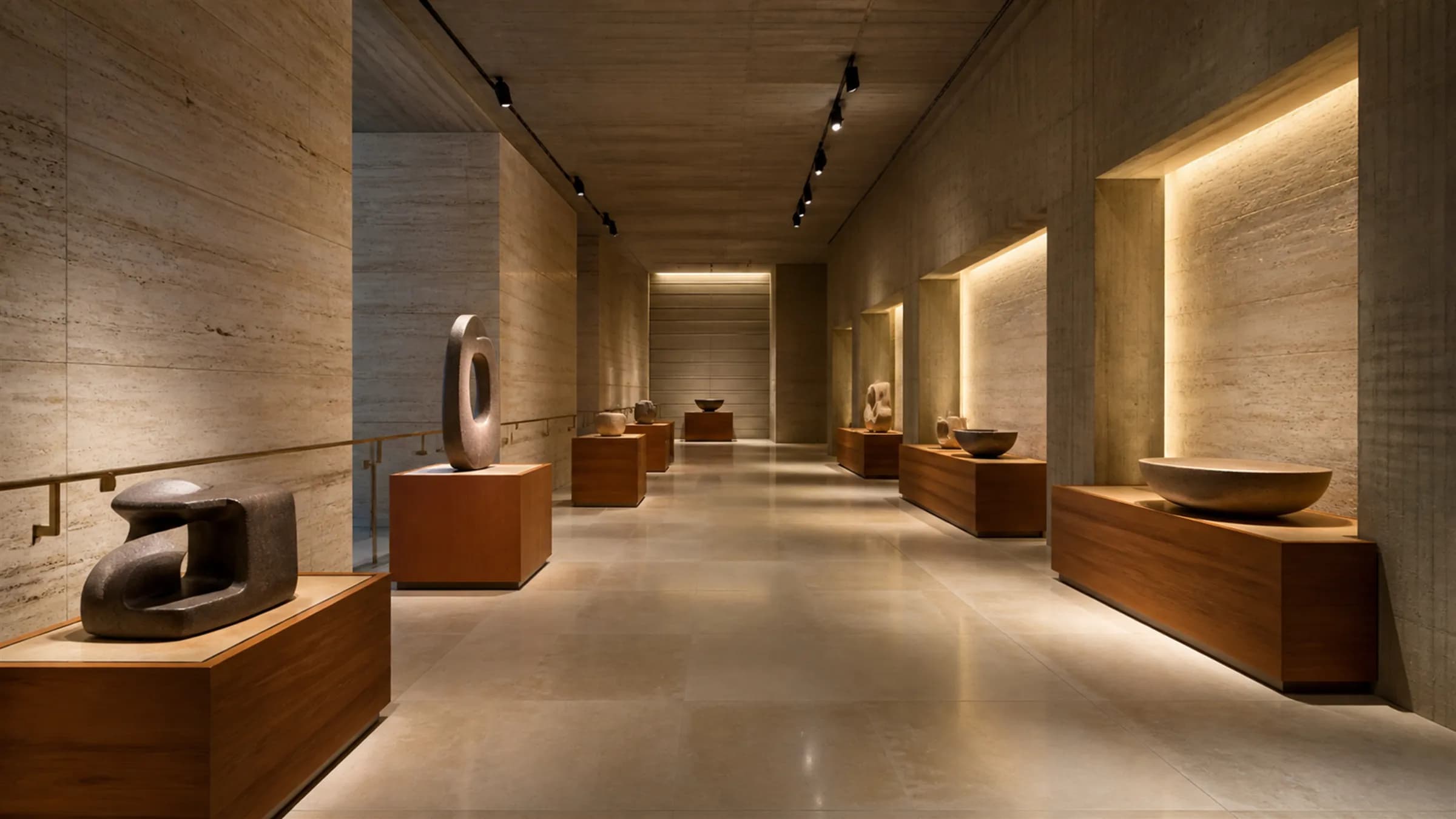 A premium product showroom lit for display, with teak plinths and recessed alcoves washed by concealed warm light