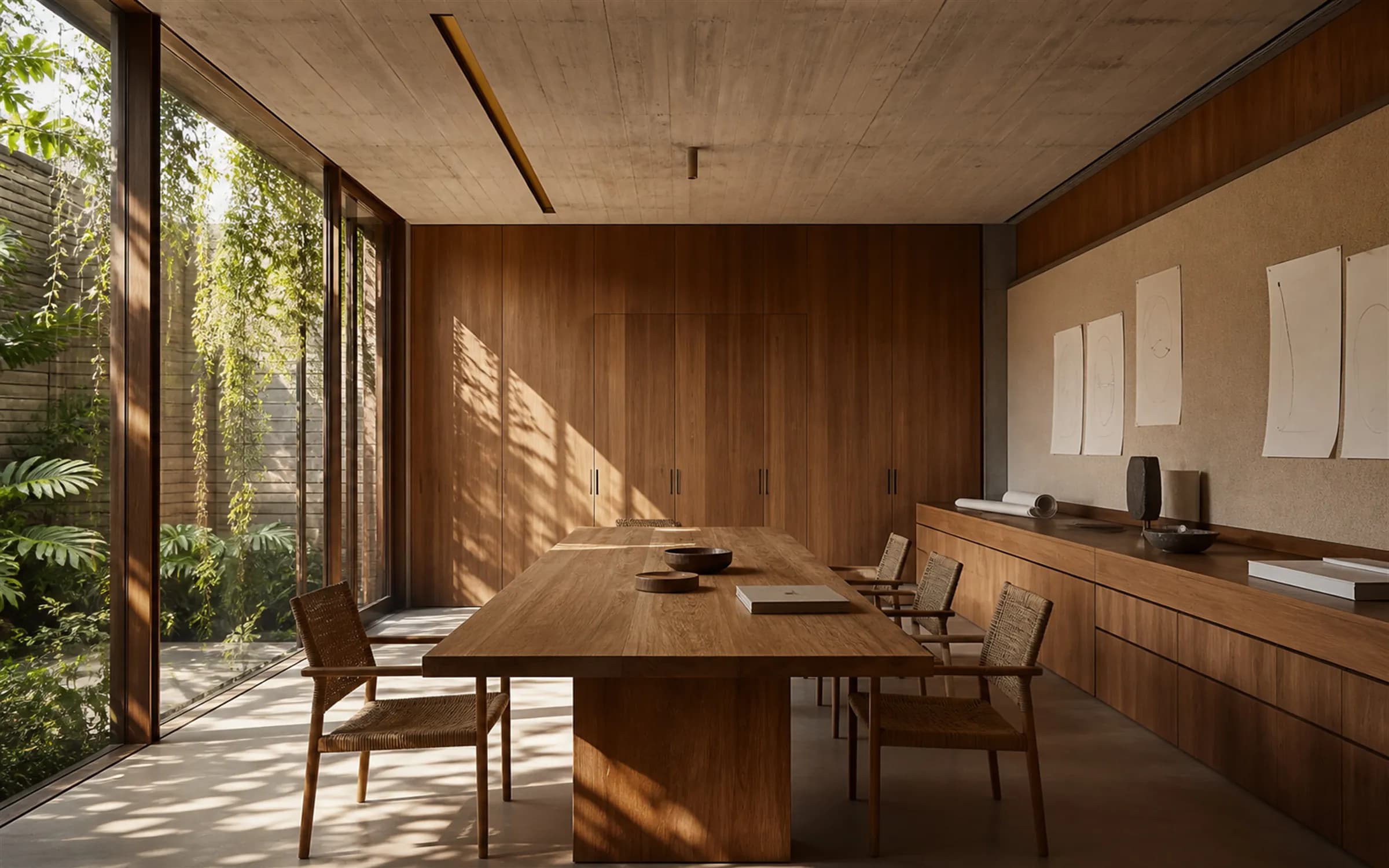 A founder-led studio workplace with a long teak work table and full-height flush joinery