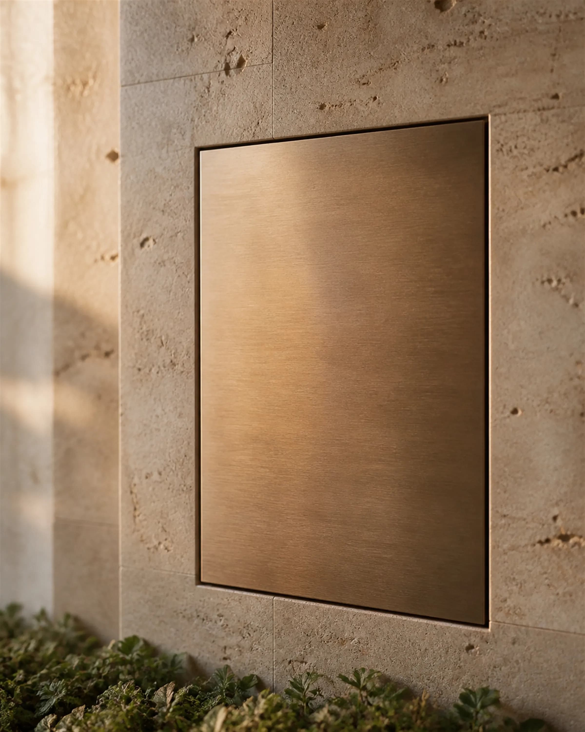 A blank brushed-bronze signage panel set into travertine with a precise shadow gap