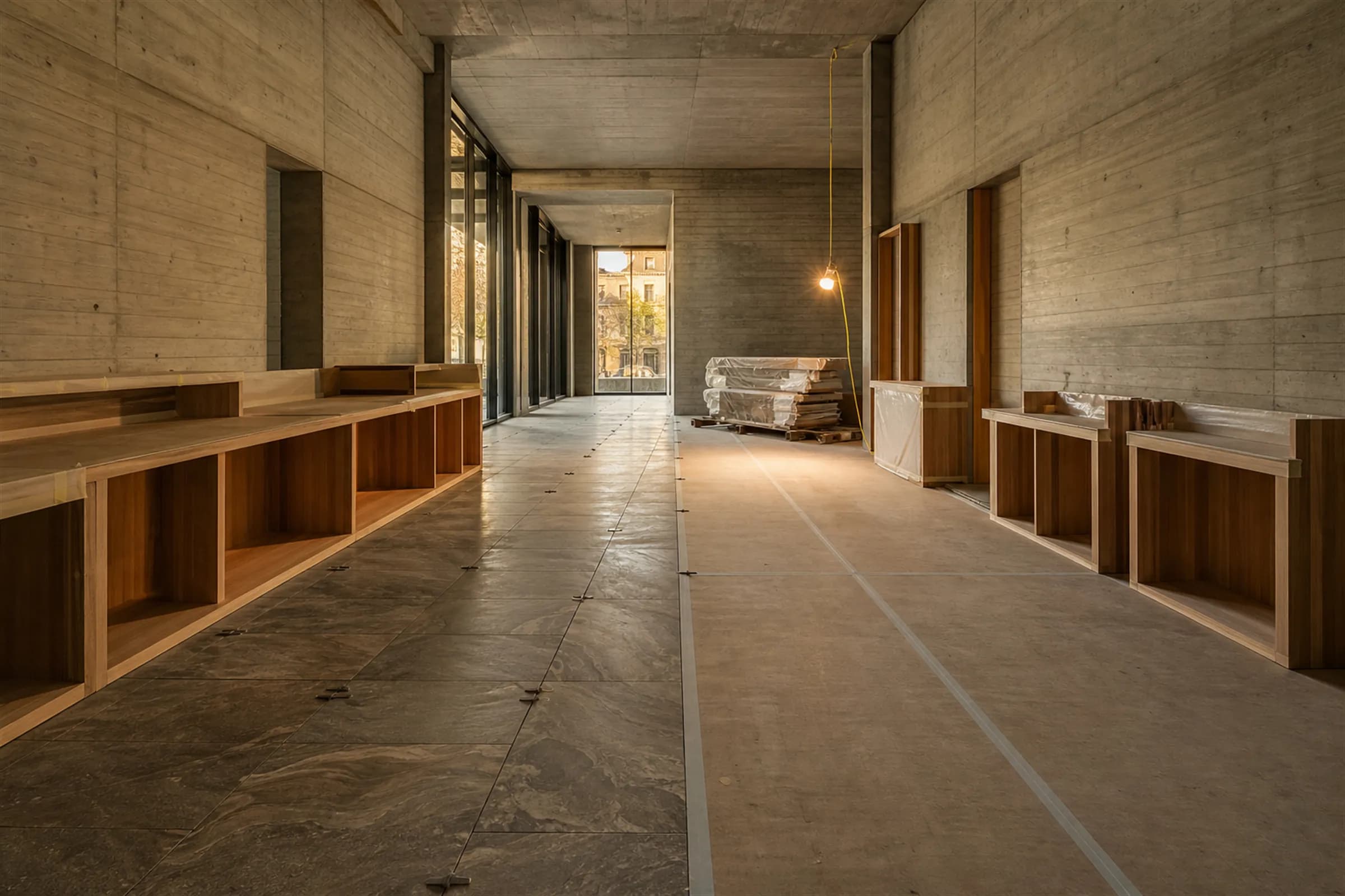 A commercial fit-out in progress, clean and well-run, materials stacked squarely