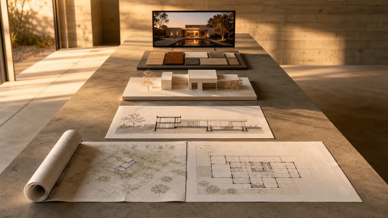 The full design sequence laid along a concrete studio table at golden hour — site survey, floor plan, section drawing, physical model, material board and a render on screen
