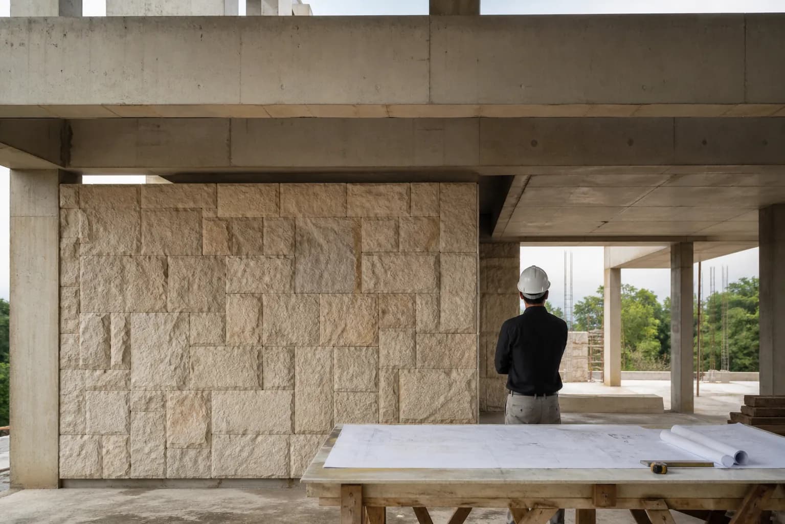 MIYAAR architect inspecting precise stonework at a clean residential construction site