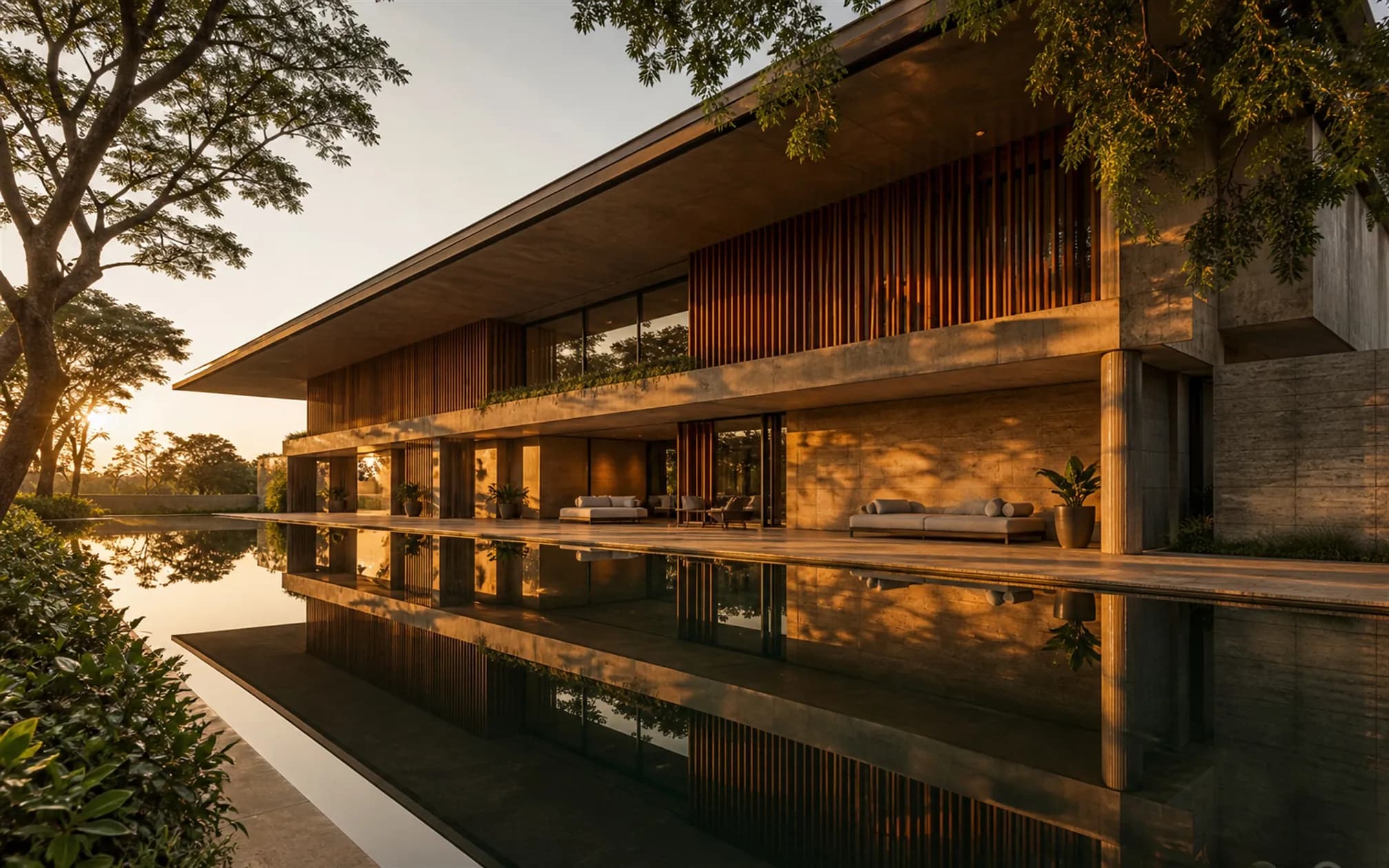 A completed contemporary villa at golden hour with teak baffle screens and a mirror-still reflecting pool