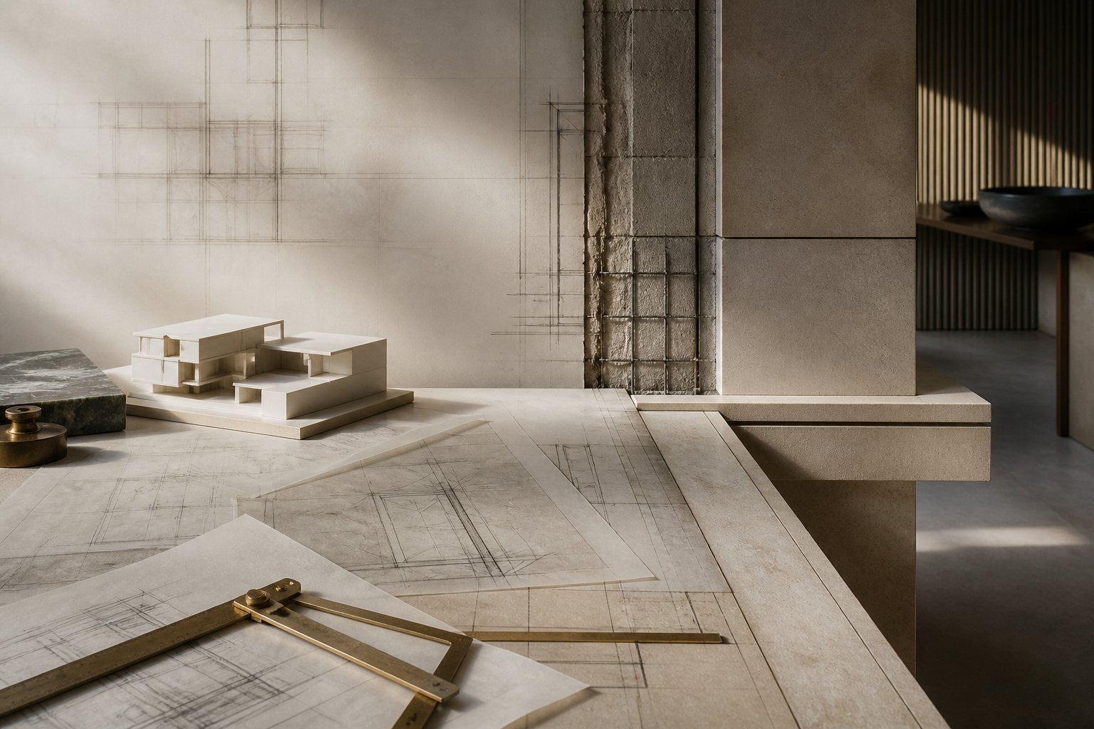 Architectural drawings, model and built stone detail expressing design intent