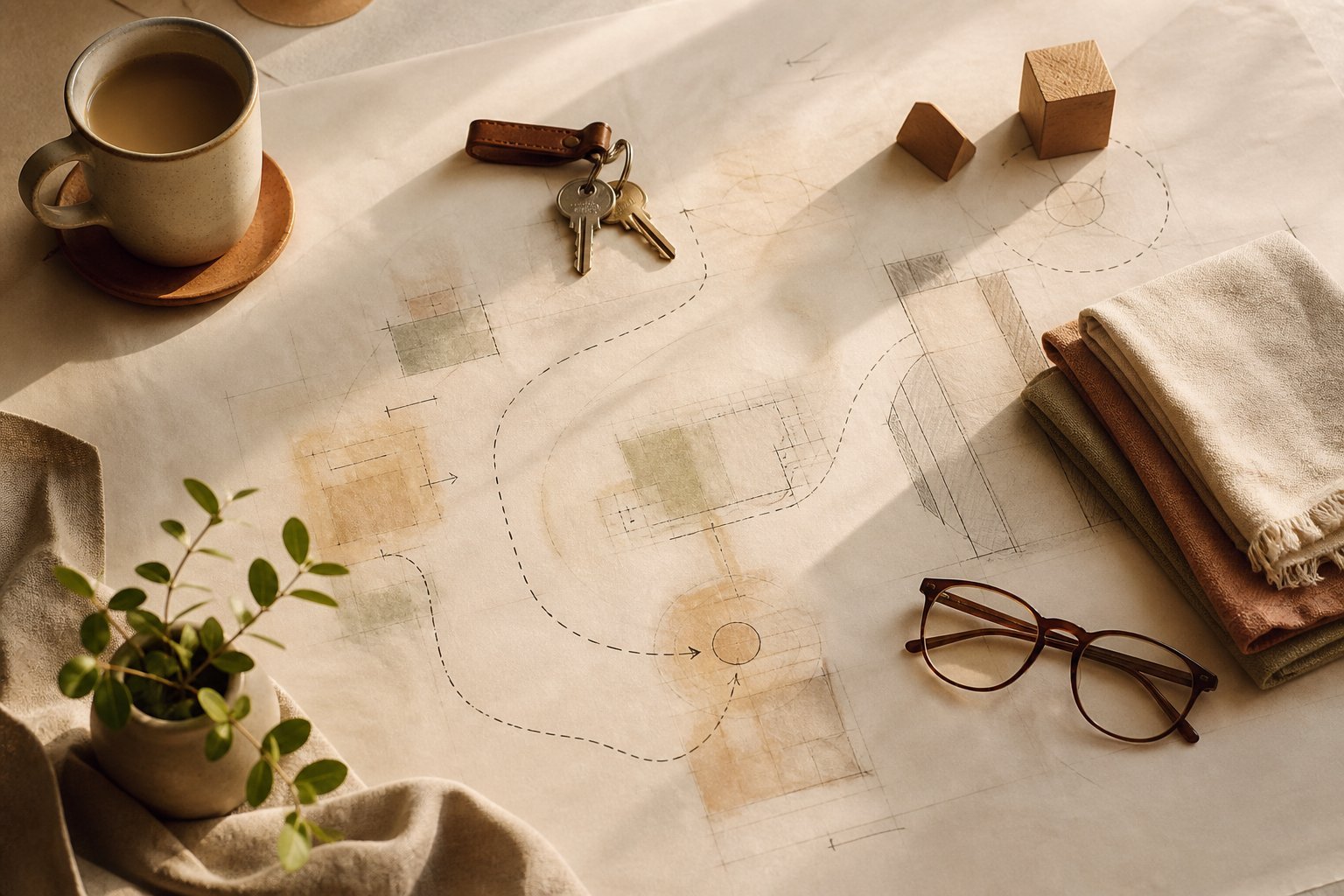 Household objects and drawn movement paths forming a thoughtful Life Brief