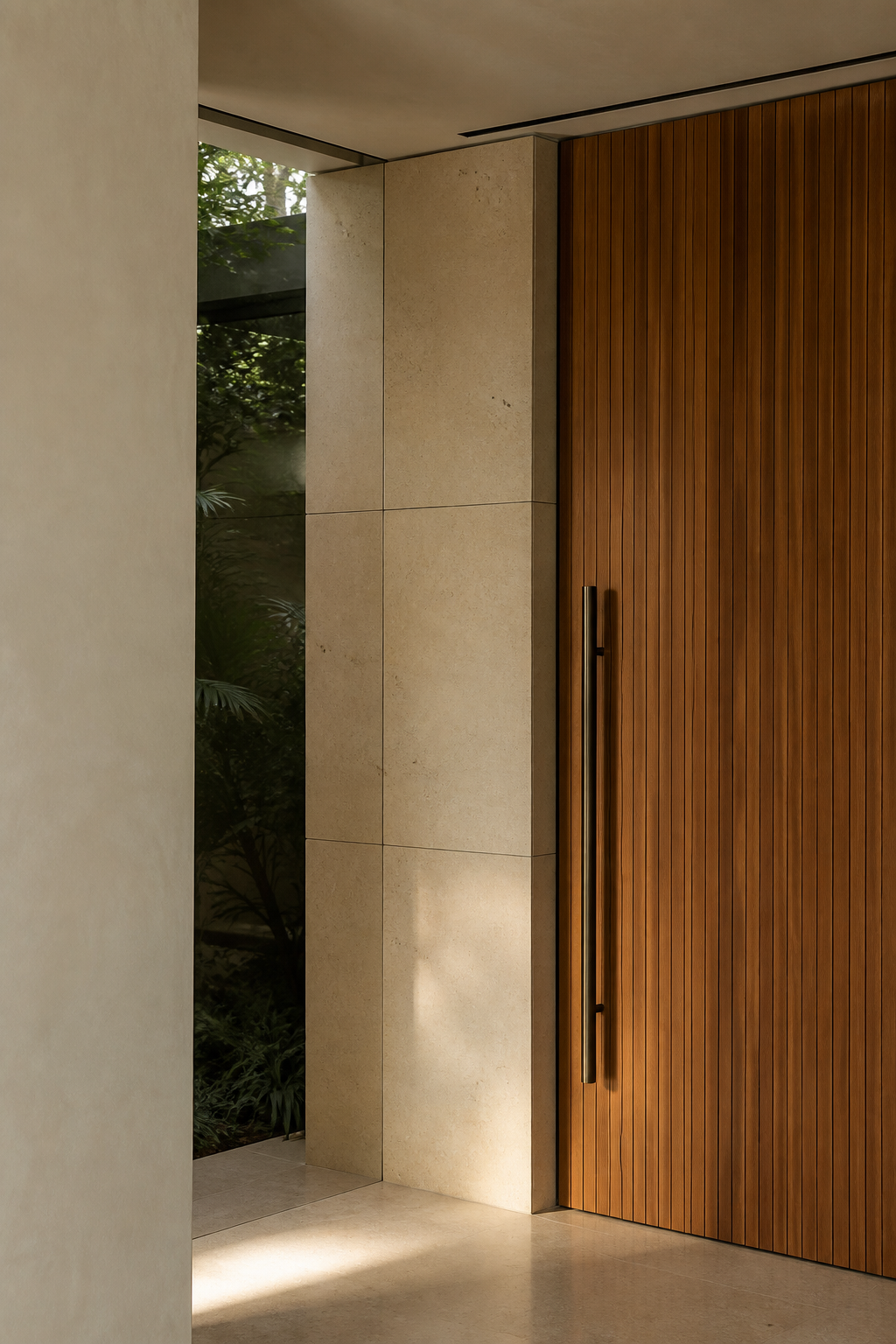 Illustrative teak and stone detail